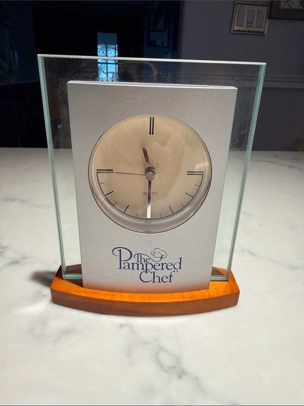 The Pampered Chef Silver-Tone Glass Desk Clock with Warm Wood Base